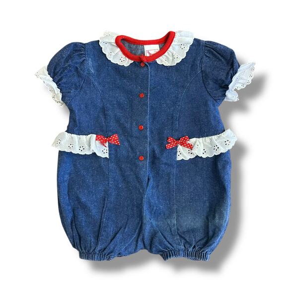 Vintage Buster Brown 12M Baby Romper Denim Puff Sleeve Lace Trim Red Bow USA - Picture 1 of 8